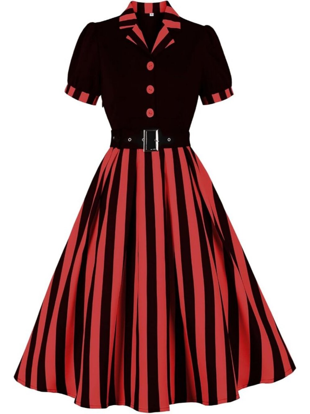 Women Vintage Block 1950 Retro Cocktail Party A Line Dress with Belt-Black+Red
